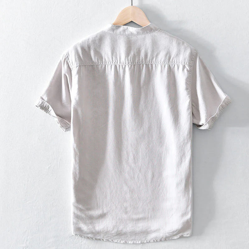 Buddha Stones Solid Color Half Button Design Stand Collar Men's Short Sleeve Cotton Linen Shirt