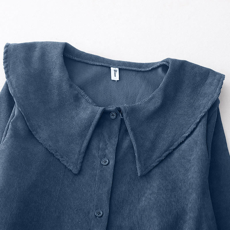 Buddha Stones Fall Plain Buttons Design Long Sleeve Corduroy Midi Dress With Pockets