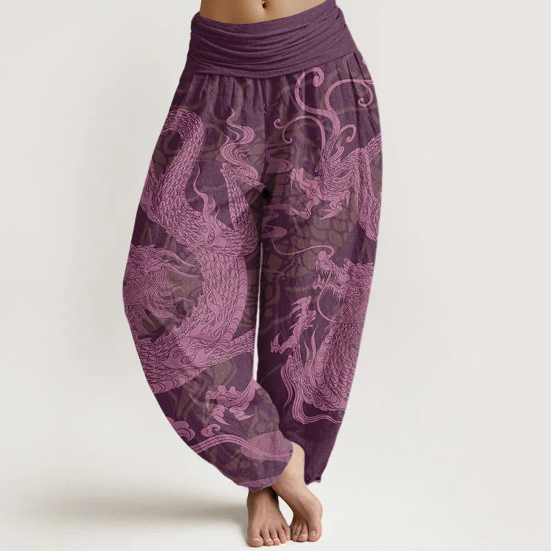 Buddha Stones Cotton Dragon Auspicious Clouds Women's Elastic Waist Harem Pants