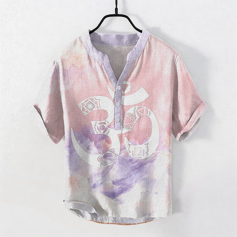 Buddha Stones Cotton Om Chakra Emblem Men's Short Sleeve Half Button Shirt