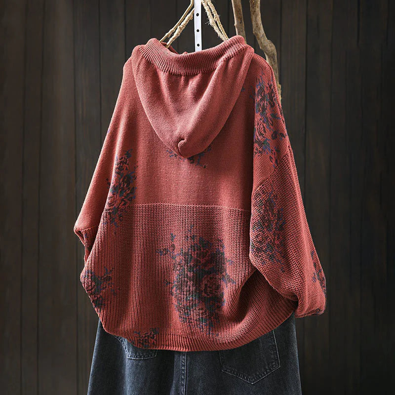 Buddha Stones Women's Knitted Floral Cotton Long Sleeve Hooded Sweater