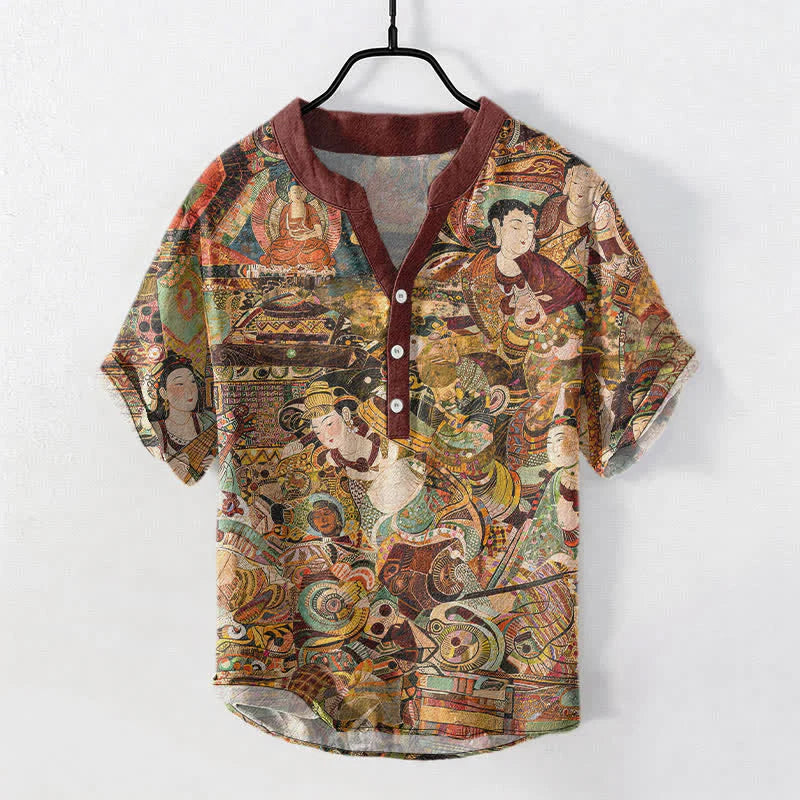 Buddha Stones Cotton Portrait Print Men's Short Sleeve Half Button Shirt