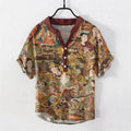 Buddha Stones Cotton Portrait Print Men's Short Sleeve Half Button Shirt