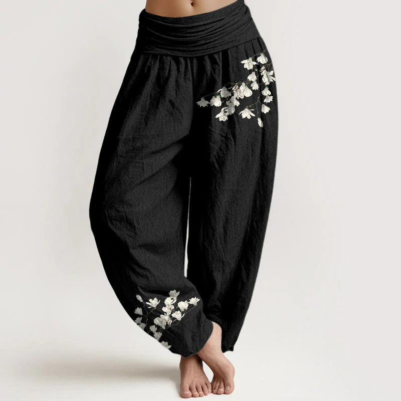 Buddha Stones Pure Cotton Simple Magnolia Flower Pattern Women's Elastic Waist Harem Pants