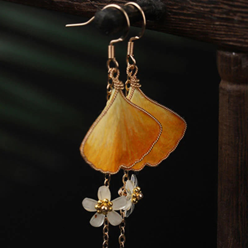 Buddha Stones Handmade Silk Craft Yellow Ginkgo Leaf Copper Hook Good Fortune Dangle Earrings