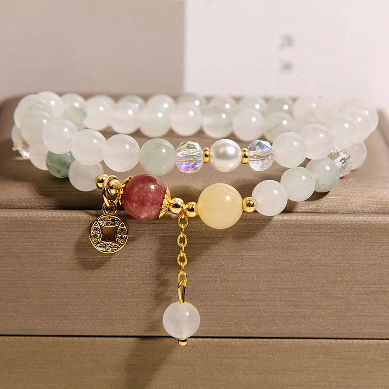 Buddha Stones Tourmaline Purple Jade Aquamarine Jade Copper Coin Positive Double Wrap Bracelet