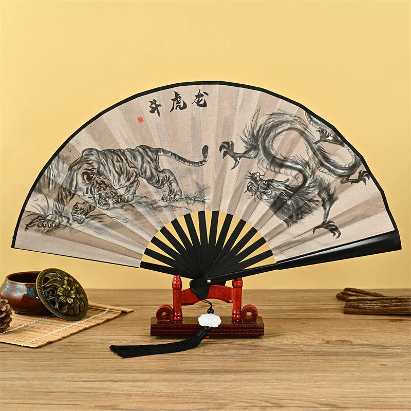 Buddha Stones Dragon Phoenix Tiger Crane Eagle Wolf Koi Fish Handheld Folding Fan Lotus Tassel Fan