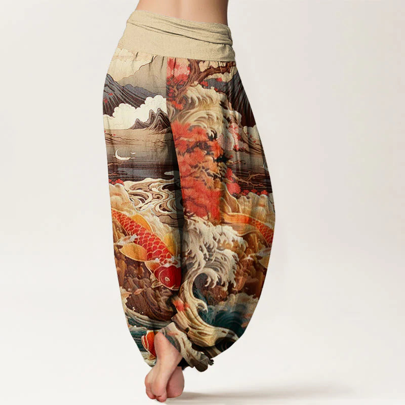 Buddha Stones Cotton Casual Blossoming Tree Koi Fish Wave Mountain Pattern Women's Elastic Waist Harem Pants