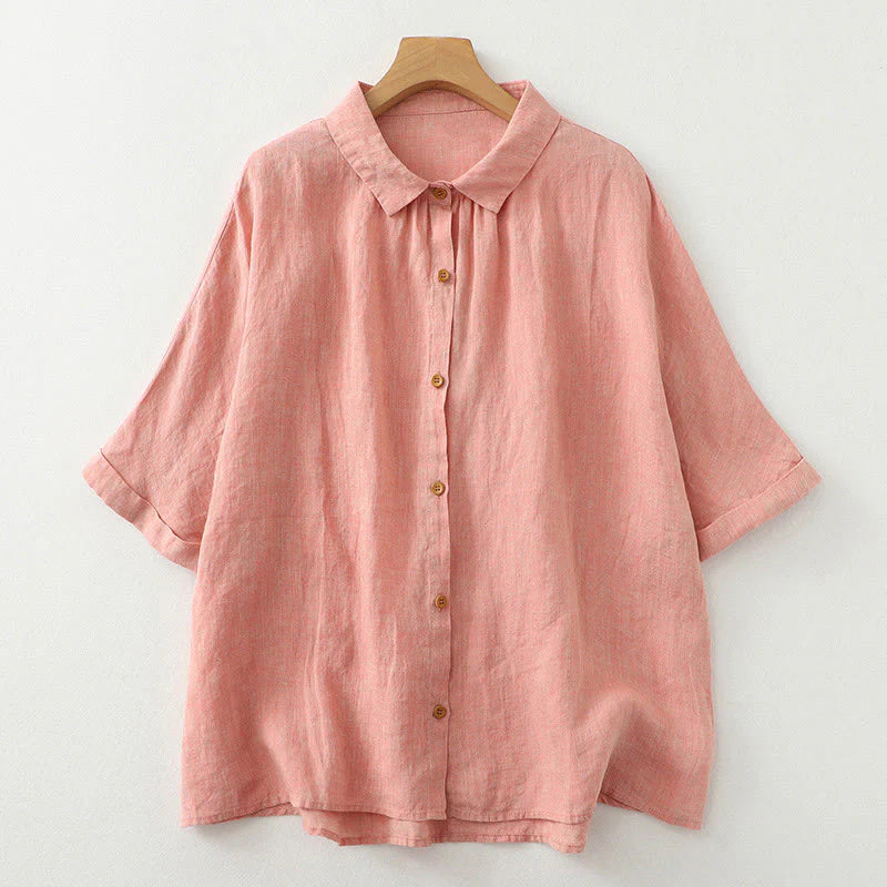 Buddha Stones Casual Plain Buttons Women's Cotton Linen Half Sleeve Shirt