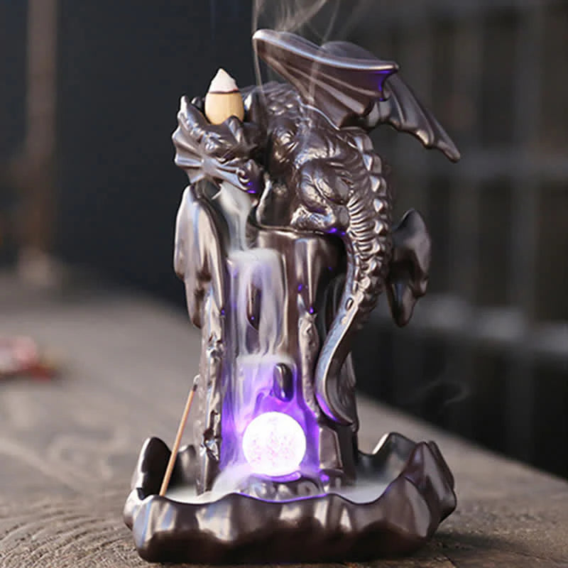 Buddha Stones Nordic Dragon Ceramic Backflow Smoke Fountain Meditation Healing Incense Burner Led Ball Decoration