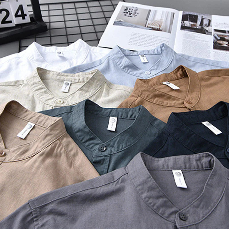 Buddha Stones Men's Long Sleeve Stand Collar With Pocket Pure Color Casual Cotton Linen Shirt