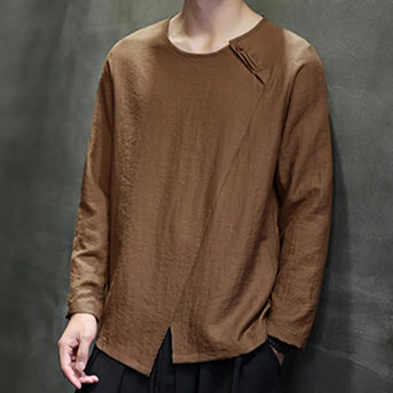 Buddha Stones Solid Color Loose Long Sleeve Round Neck Men's Shirts