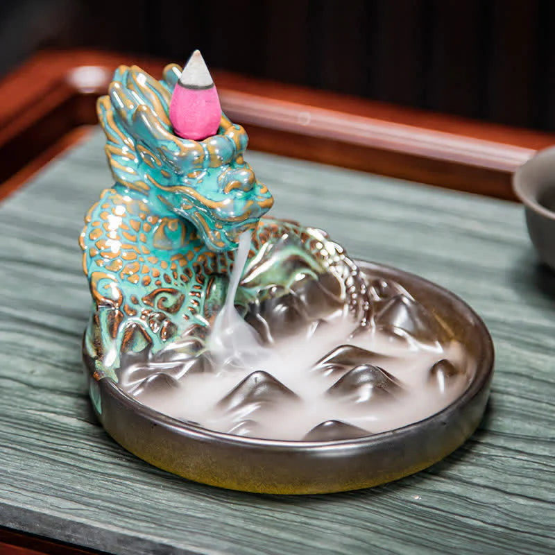 Dragon Pattern Ceramic Backflow Smoke Fountain Incense Burner Decoration (Extra 35% Off | USE CODE: FS35)