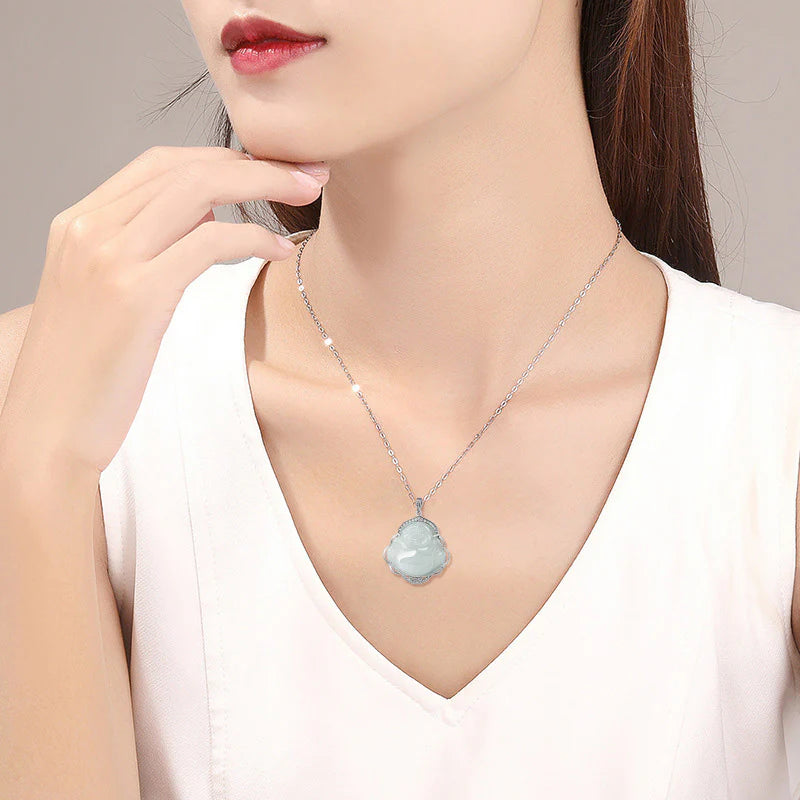 Buddha Stones Laughing Buddha Natural Jade Abundance Titanium Steel Chain Necklace Pendant