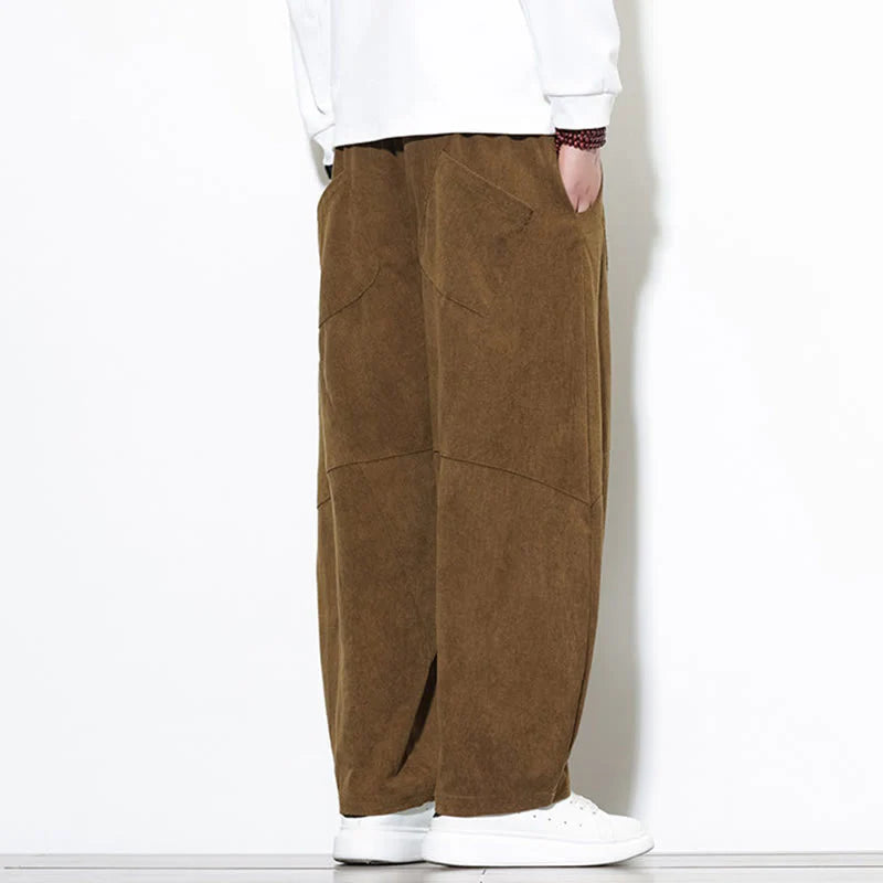 Buddha Stones Drawstring Solid Color Tapered Design Cotton Corduroy Men's Harem Pants With Pockets