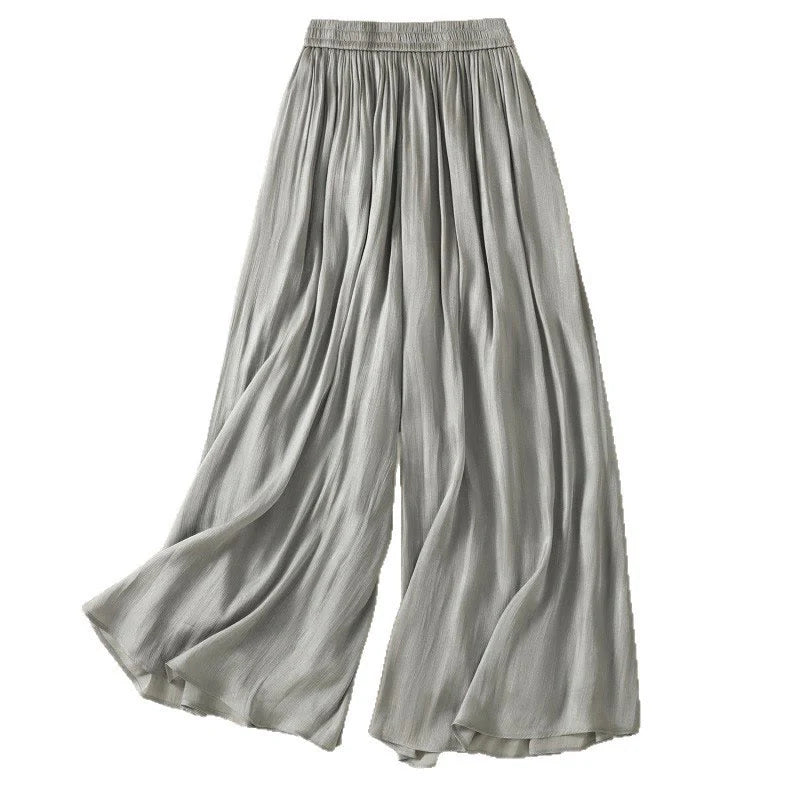 Buddha Stones Light Gray Pleated Design Elastic Waist Women's Wide Leg Pants With Pockets