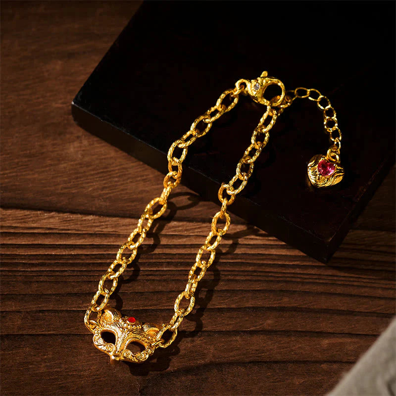Buddha Stones 24k Gold Plated Brass Fox Design Heart Charm Chain Bracelet