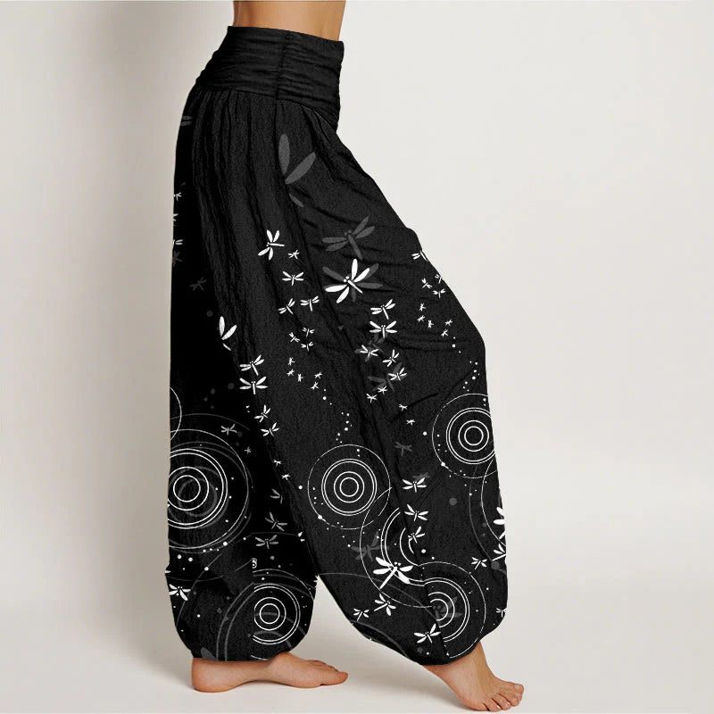 Buddha Stones Pure Cotton Circular Lines Dragonfly Women's Elastic Waist Harem Pants