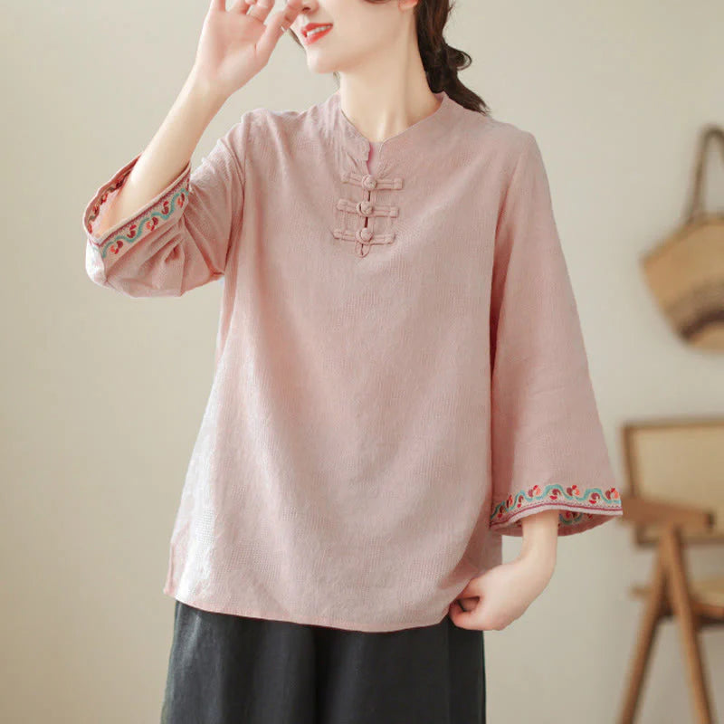 Buddha Stones Jacquard Frog-button Stand Collar Embroidered Three Quarter Sleeve Design Women's Cotton Shirt