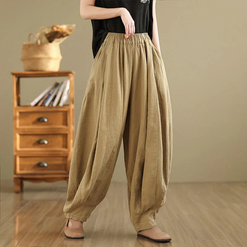 Buddha Stones Vintage Patchwork Lantern Design Cotton Linen Women's Wide Leg Pants With Pockets
