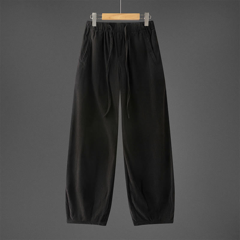 Buddha Stones Winter Men's Drawstring Plain Elastic Waistband Design Corduroy Pants With Pockets