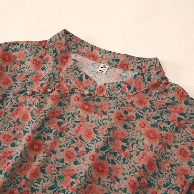 Buddha Stones Summer  Frog-Button Stand Collar Short Sleeve Flower Pattern Women's Cotton Shirt