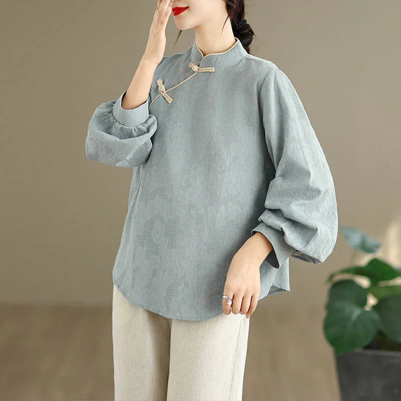 Buddha Stones Spring Traditional Floral Frog-Button Stand Collar Long Sleeve Women's Cotton Shirt
