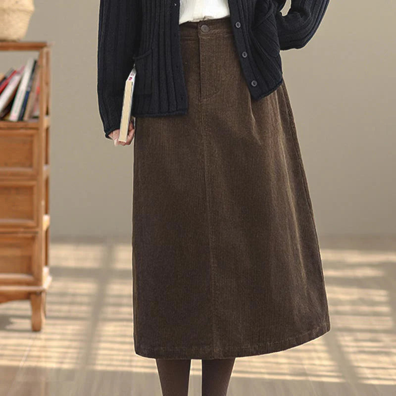 Buddha Stones Pure Color Elastic Waist Women's 7-8 Length Corduroy Skirt With Pockets