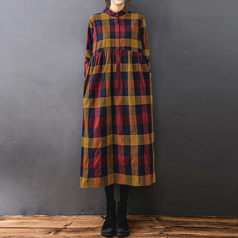 Buddha Stones Commute Patchwork Color Plaid Long Sleeve Cotton Midi Dress