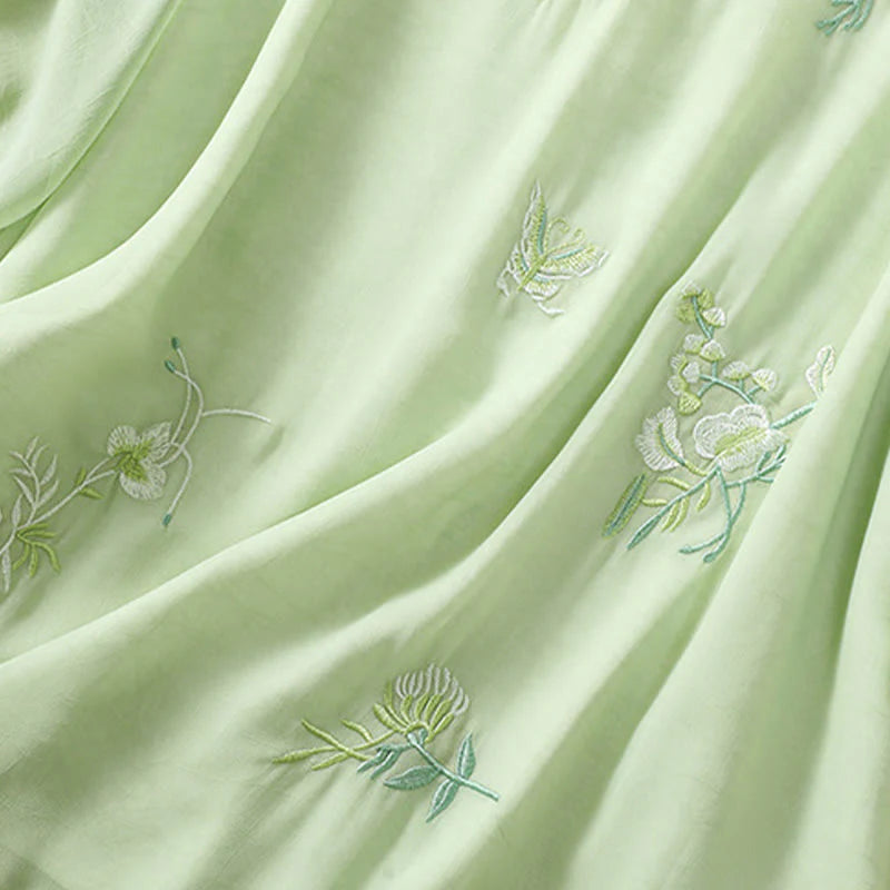 Buddha Stones Embroidery Plants Flower Half Sleeve Plain Frog-Button Stand Collar Women's Shirt