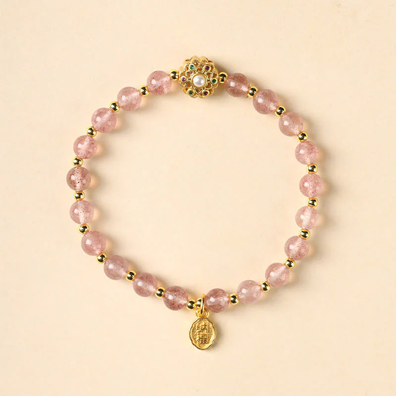 Buddha Stones 14K Gold Plated Natural Strawberry Quartz Labradorite Sun Stone Fu Character Positive Charm Bracelet
