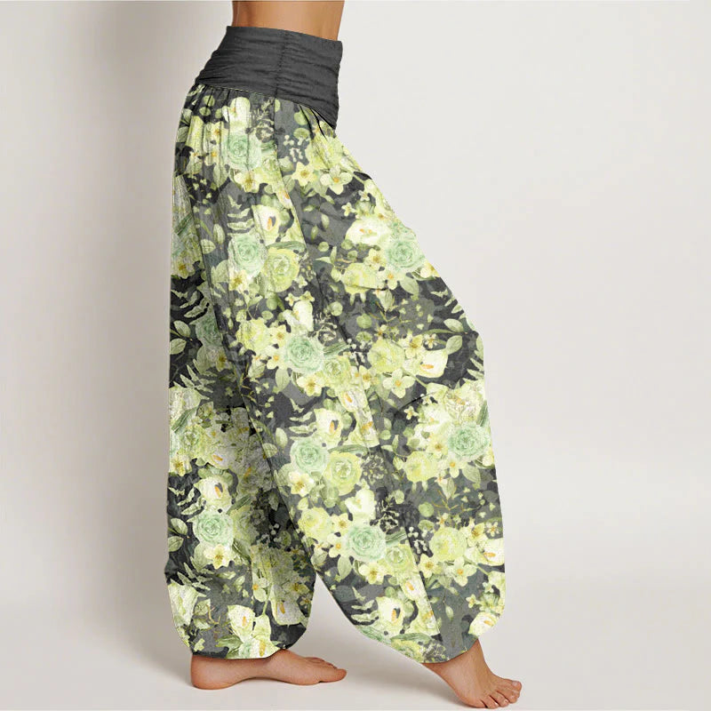 Buddha Stones Cotton Pastoral Flower Pattern Women's Elastic Waist Harem Pants