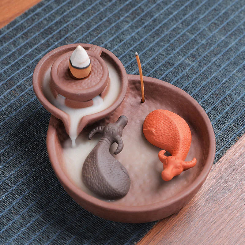 Buddha Stones Koi Fish Ox Purple Clay Ceramic Incense Stick Holder Healing Incense Burner Decoration