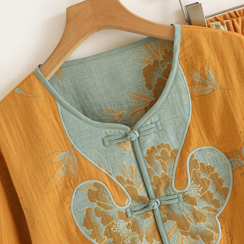 Buddha Stones 2pcs Frog-Button Printed Long Sleeve Cardigan Shirt Pants With Pockets Cotton Set