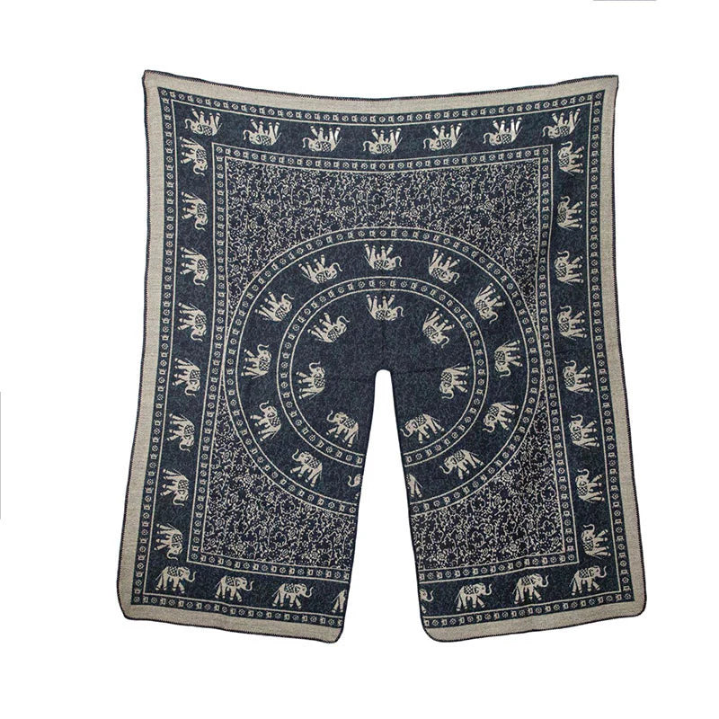 Buddha Stones Tibetan Jacquard Elephant Geometry Pattern Unisex Cozy Scarf Shawl