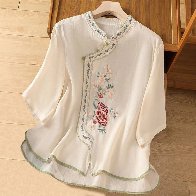 Buddha Stones Casual Ethnic Style Embroidery Flower Pattern Frog-Button Stand Collar Women's Cotton Linen Shirt