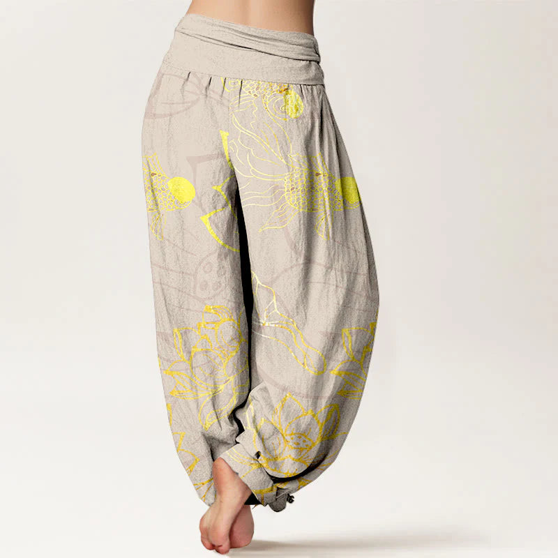 Buddha Stones Pure Cotton Lotus Leaf Koi Fish Women's Elastic Waist Harem Pants