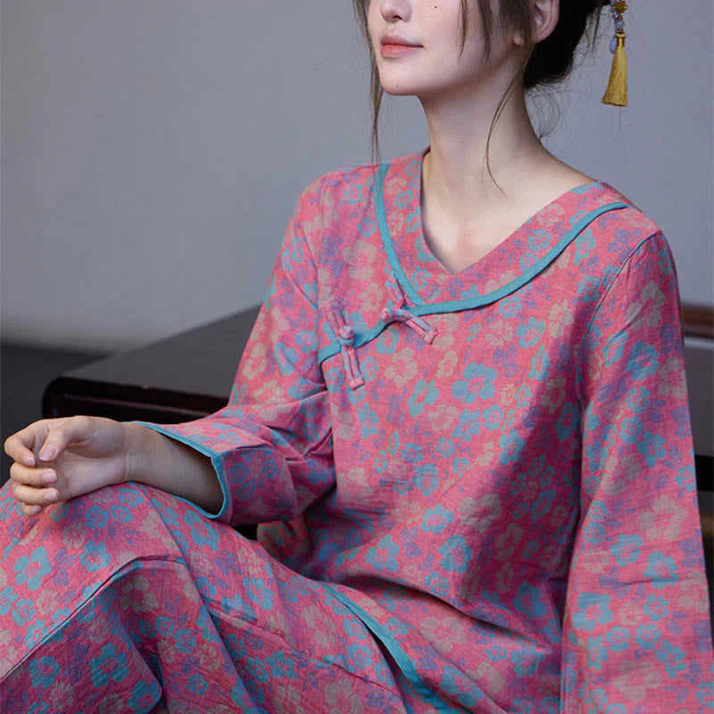 Buddha Stones 2pcs Floral Pattern Frog-Button Long Sleeve Round Neck Shirt Pants Cotton Pajamas Set