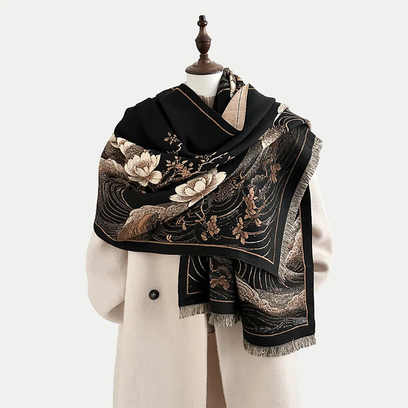 Buddha Stones Fall Lotus Flowers Ocean Waves Pattern Soft Scarf Tassel Shawl