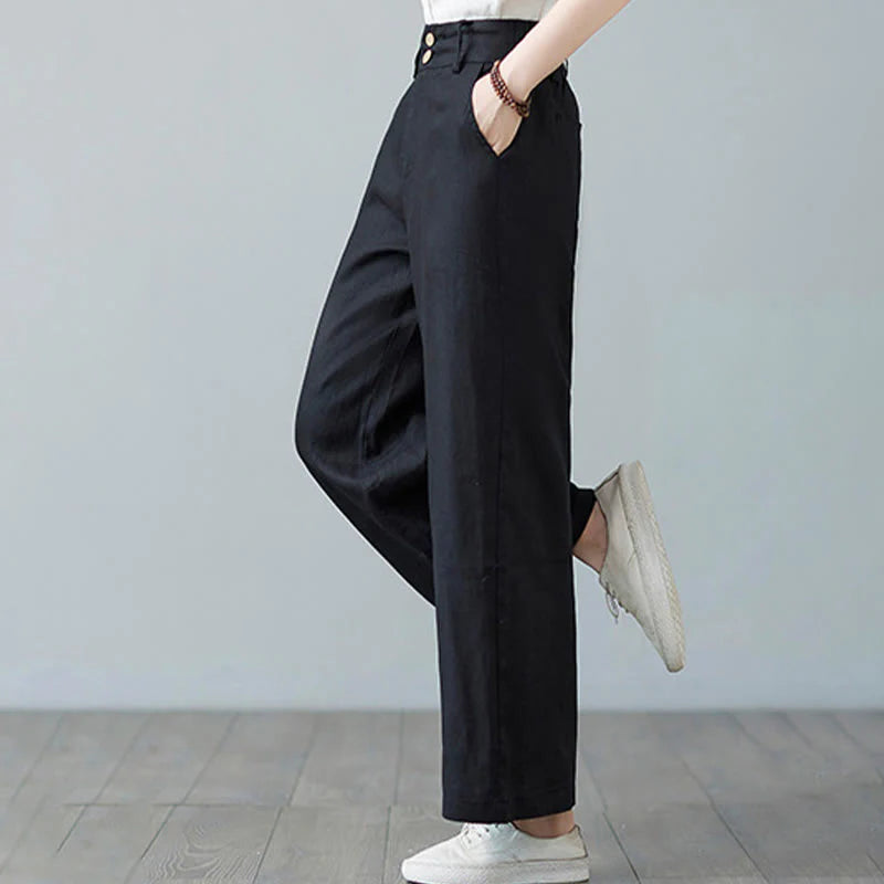 Buddha Stones Daily Solid Color Patchwork Simple Design Cotton Linen Women's Pants With Pockets