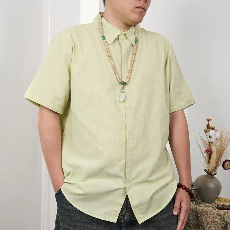 Buddha Stones Men's Short Sleeve Button Casual Cotton Linen Shirt