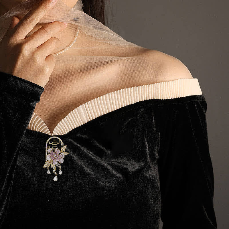 Buddha Stones Chinese-style Window Purple Peony Flower Tassel Copper Brooch