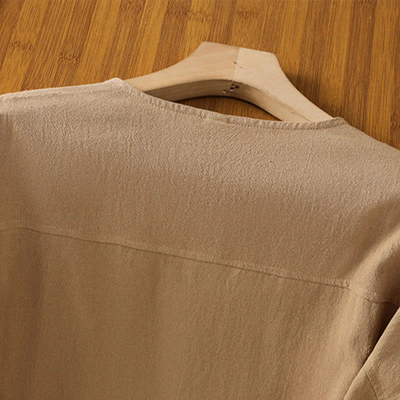 Buddha Stones Casual Plain Buttons Half Sleeve Women's Cotton Linen Shirt With Pocket