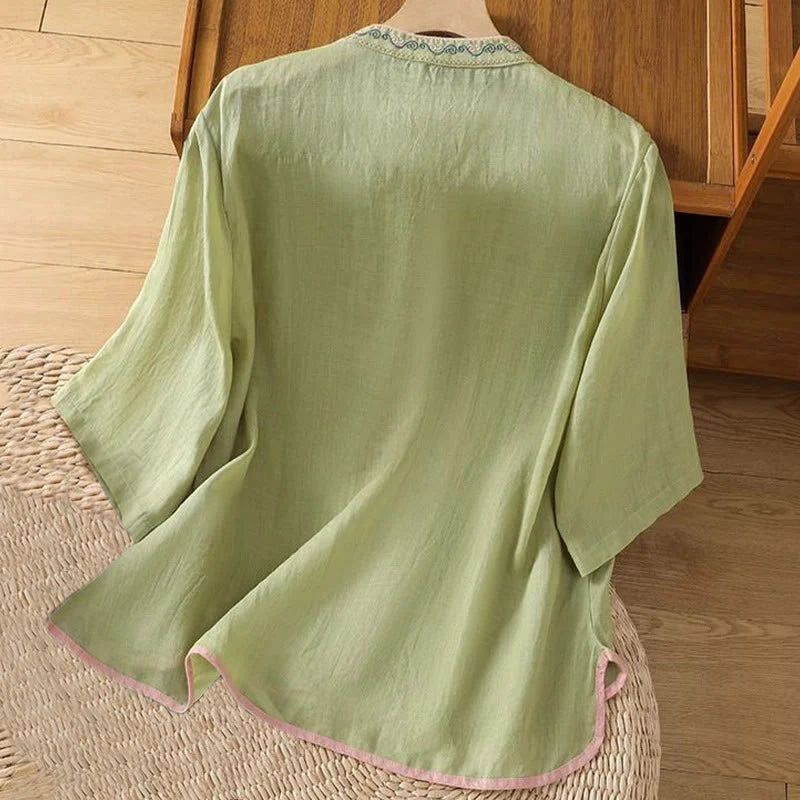 Buddha Stones Casual Ethnic Style Embroidery Flower Pattern Frog-Button Stand Collar Women's Cotton Linen Shirt