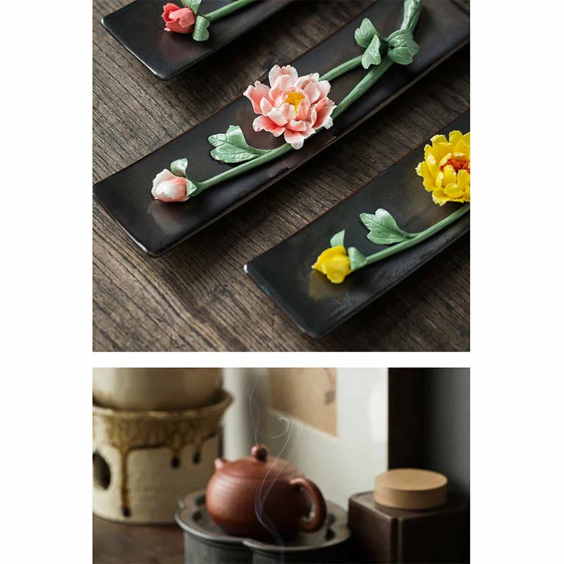Buddha Stones Lotus Peony Rose Flower Ceramic Spiritual Incense Burner