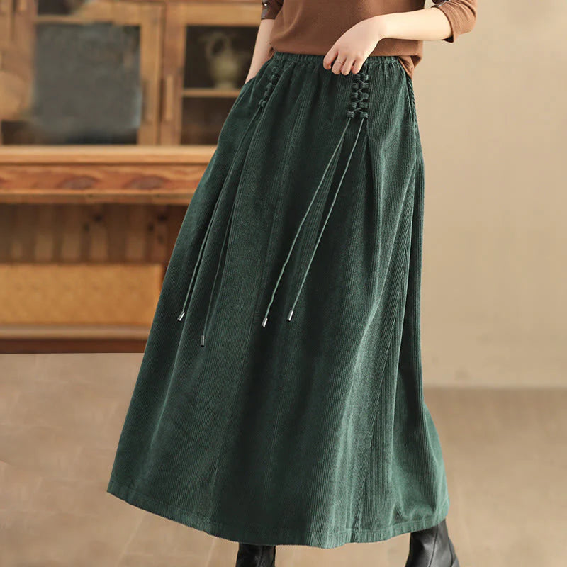 Buddha Stones Women's Plain Corduroy 7-8 Length Skirt With Pockets