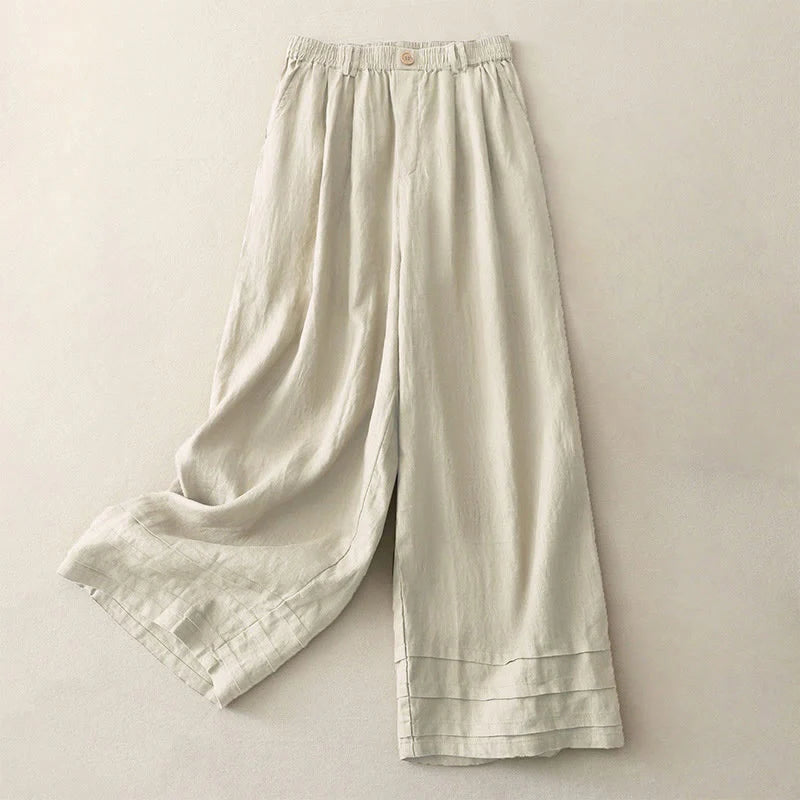 Buddha Stones Vintage Solid Color Pleated Cuff Design Cotton Linen Women's Wide Leg Pants With Pockets