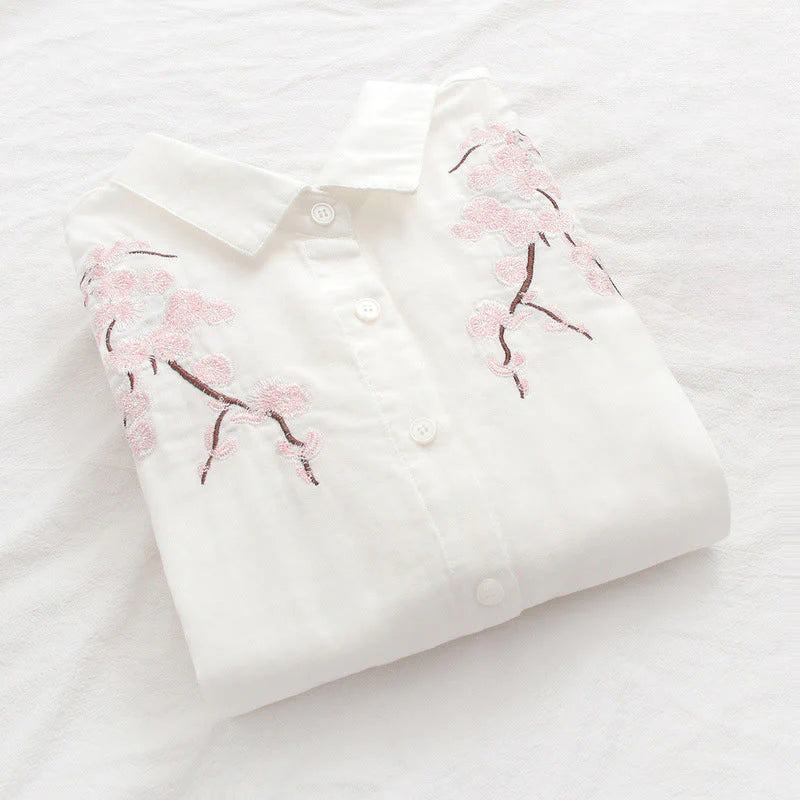 Buddha Stones Fall Pink Plum Blossoms Embroidery Buttons Women's Cotton Long Sleeve Shirt