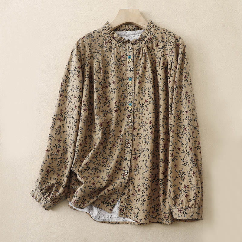 Buddha Stones Fall Floral Print Buttons Down Design Women's Cotton Long Sleeve Shirt