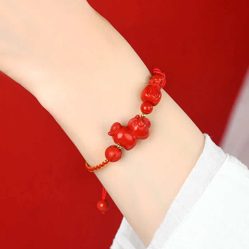 Buddha Stones Year of the Horse Natural Cinnabar Fu Character Lucky Bag Blessing Bracelet